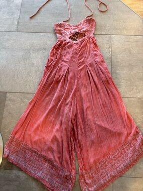 Free People Coral Pink Halter Wide-Leg Jumpsuit